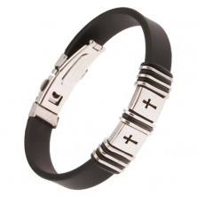 Black rubber bracelet, steel tag with incised crosses