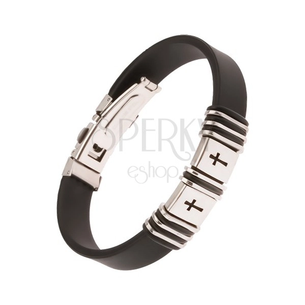 Black rubber bracelet, steel tag with incised crosses