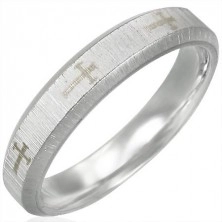 Steel band ring, satin stripe, crosses, bevelled edges