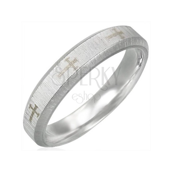 Steel band ring, satin stripe, crosses, bevelled edges