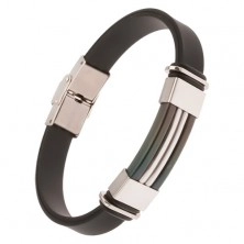 Rubber bracelet in black colour, black steel tag with silver stripes