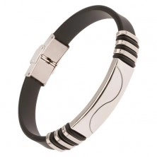 Black rubber bracelet, steel tag with wave