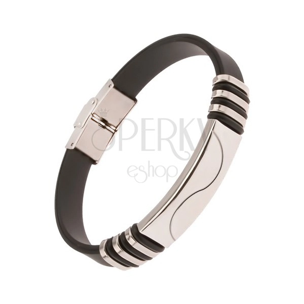 Black rubber bracelet, steel tag with wave
