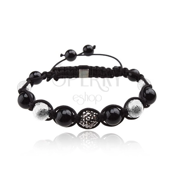 Shamballa bracelet - black and silver beads, grey zircon ball