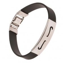 Rubber bracelet in black colour, steel plate with hook cut-outs