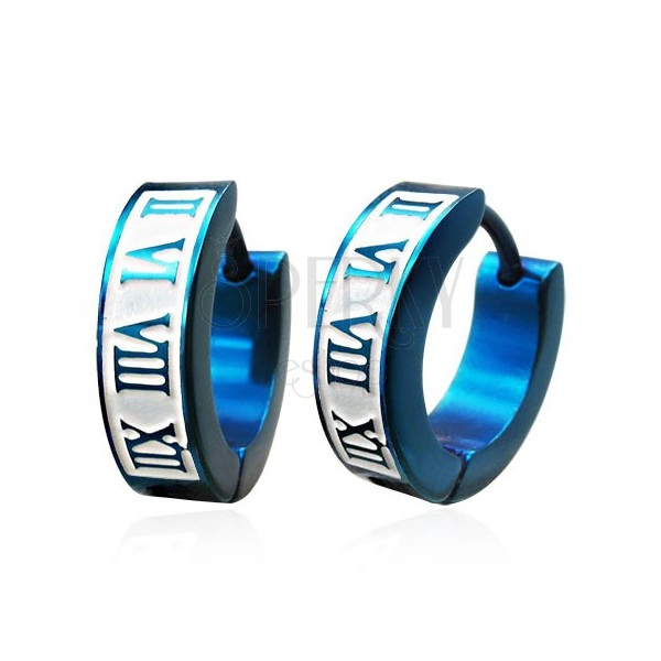 Blue steel earrings with Roman numerals, anodized