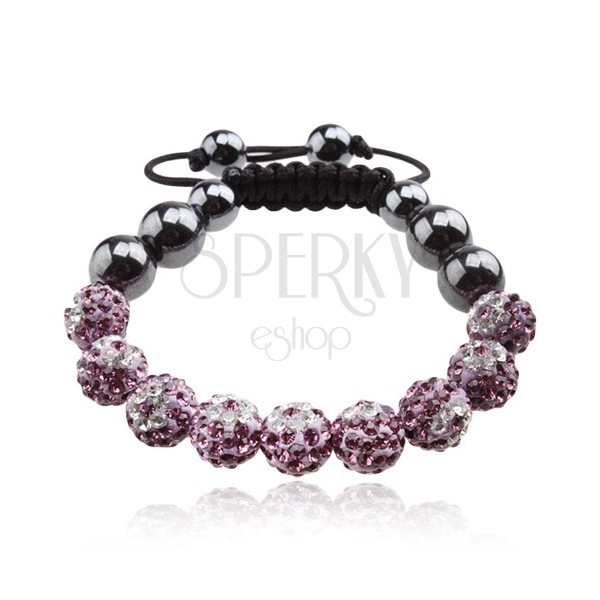 Shamballa bracelet, violet balls with clear flowers, hematite beads