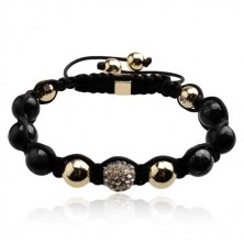 Shamballa bracelet - ball with clear zircons, beads of black and gold colour
