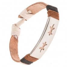Leather bracelet - beige strap, steel tag with lizzards, strings