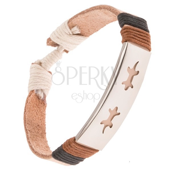 Leather bracelet - beige strap, steel tag with lizzards, strings