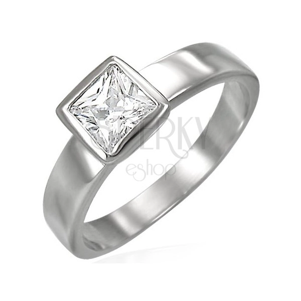 Steel ring in silver colour, clear square zircon in mount