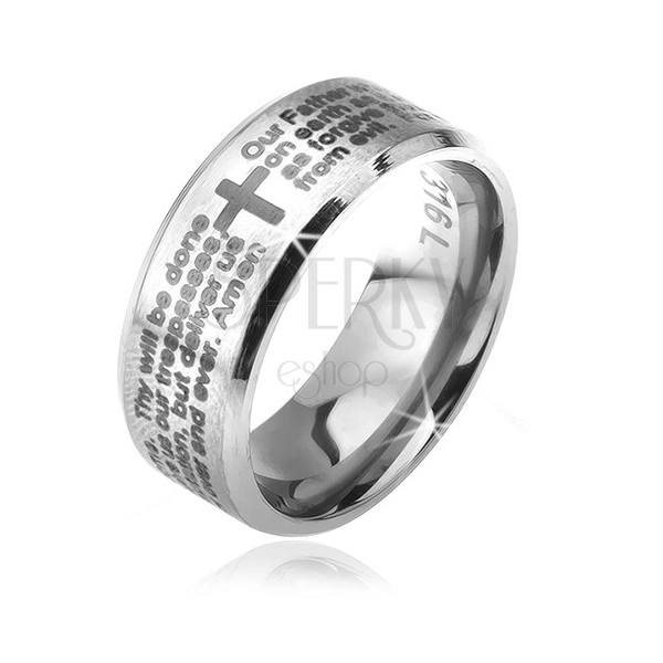 Ring made of stainless steel - silver, bevelled edges, prayer 'Our Father'