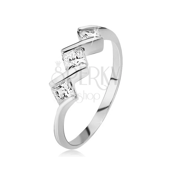 Ring made of silver 925 - three clear square stones, shiny zig-zag line