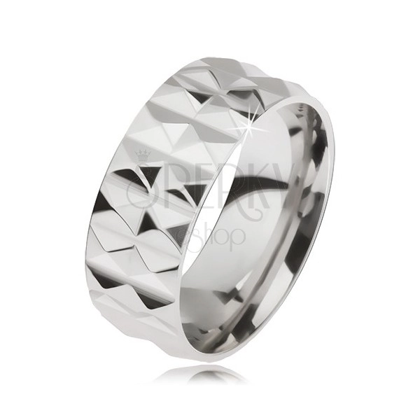 Shimmering steel ring in silver colour with diamond cut, two rows