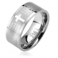 Ring made of steel, matt stripe with shiny cross and prayer "Our Father"