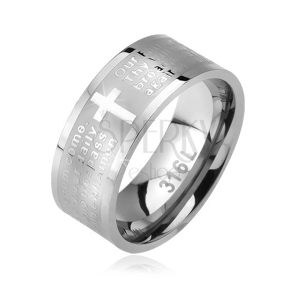 Ring made of steel, matt stripe with shiny cross and prayer "Our Father"