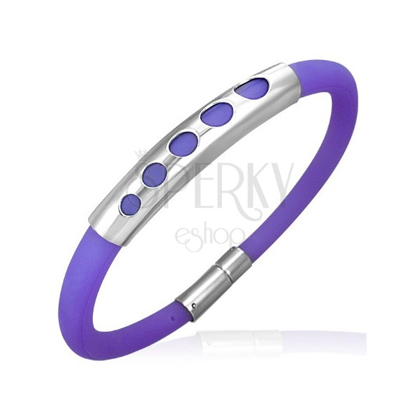 Purple rubber bracelet - pattern or five small circles, metal roller
