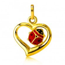 Gold pendant - irregular heart contour, glaze ladybird