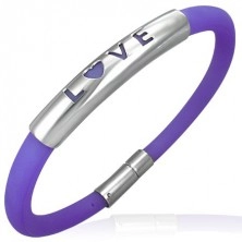 Rubber bracelet in a purple shade - metal plate with a writing LOVE