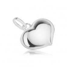 Gold pendant - symmetrical 3D heart, convex shiny surface, white gold