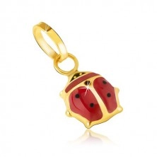 Pendant made of yellow 14K gold - shimmering red and black ladybird with enamel