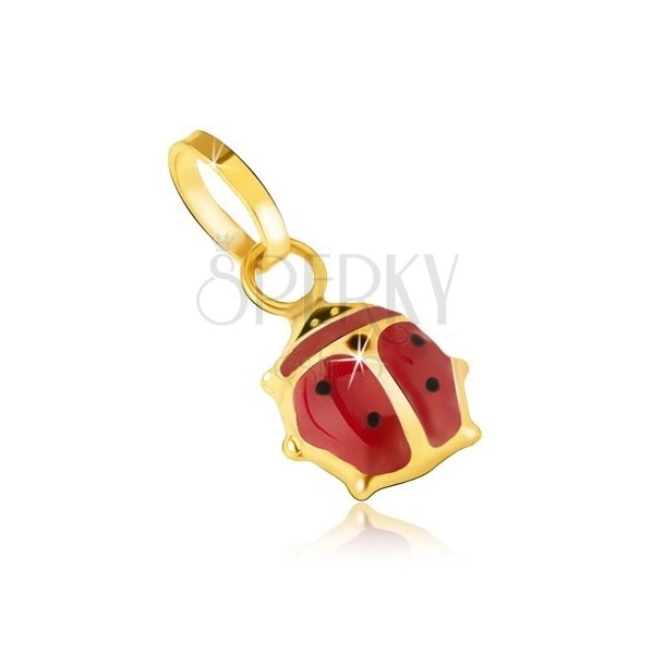 Pendant made of yellow 14K gold - shimmering red and black ladybird with enamel