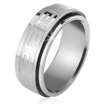 Steel ring, spinning matt band with shiny Greek key