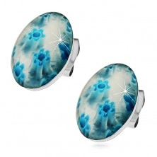 Steel earrings, light blue oval with flowers, stud earrings