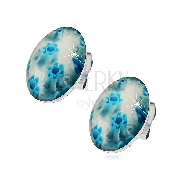 Steel earrings, light blue oval with flowers, stud earrings