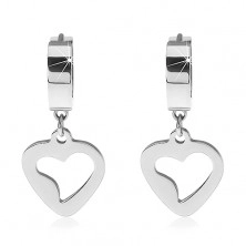 Steel earrings with dangling heart contour, silver colour