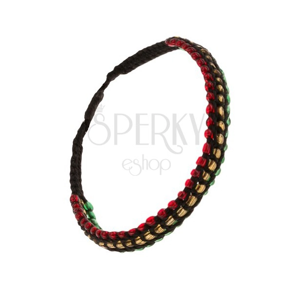 Bead bracelet, yellow, red and green line, black strand