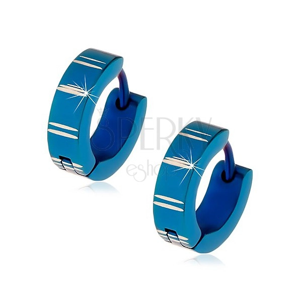 Steel earrings with hinged snap fastening, blue circles with notches