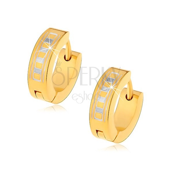 Shiny round earrings made of 316L steel in gold hue with Greek pattern