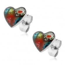 Steel stud earrings, hearts with imprint of coloured flowers