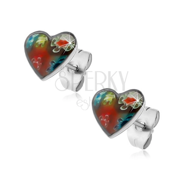 Steel stud earrings, hearts with imprint of coloured flowers