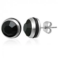 Round earrings made of 316L steel with black zircon and rubber band, studs