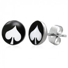 Steel earrings, black circle with white spade