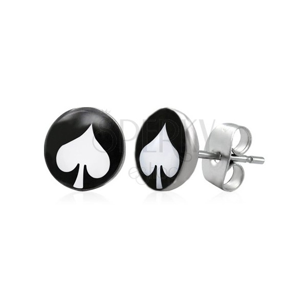 Steel earrings, black circle with white spade