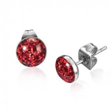 Round steel earrings, red glitter under enamel