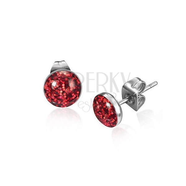Round steel earrings, red glitter under enamel