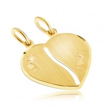 Gold double pendant - satin heart, inscription LOVE, oblong cut-out
