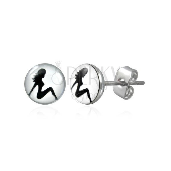 Steel stud earrings, black-white circle with silhouette of woman