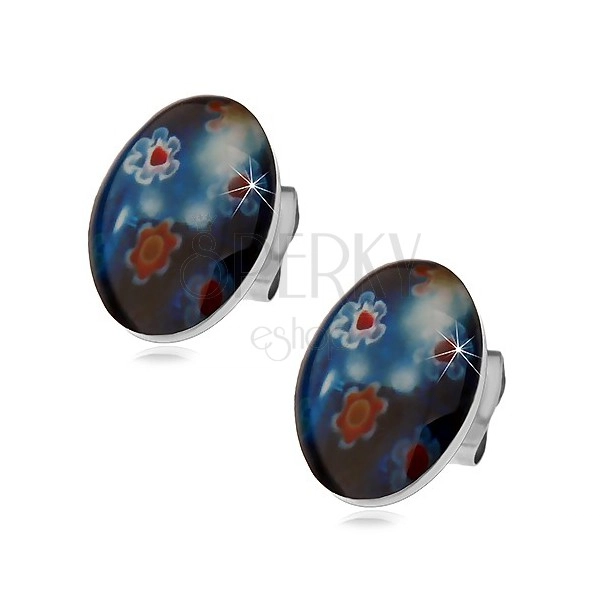 Stud steel earrings, blue oval with coloured flowers