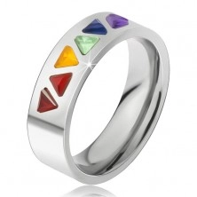 Glossy ring made of steel, colourful triangular rhinestones
