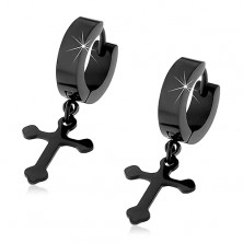 Black steel earrings with dangling budded cross, hinged snap fastening
