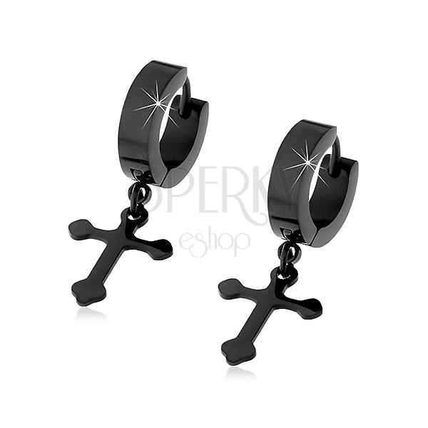 Black steel earrings with dangling budded cross, hinged snap fastening