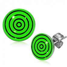 Steel earrings, black and green circles under glaze