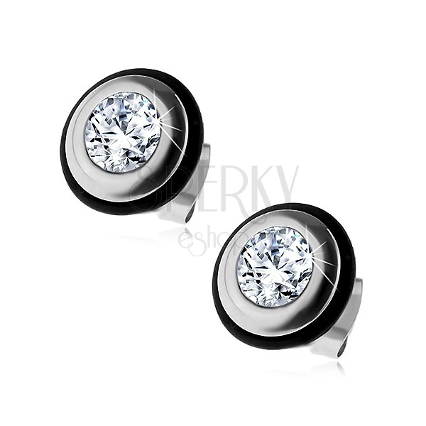 Round earrings made of 316L steel with clear zircon and rubber band, studs