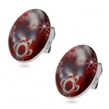 Earrings made of surgical steel - stud, dark red oval with white flowers
