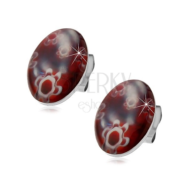 Earrings made of surgical steel - stud, dark red oval with white flowers